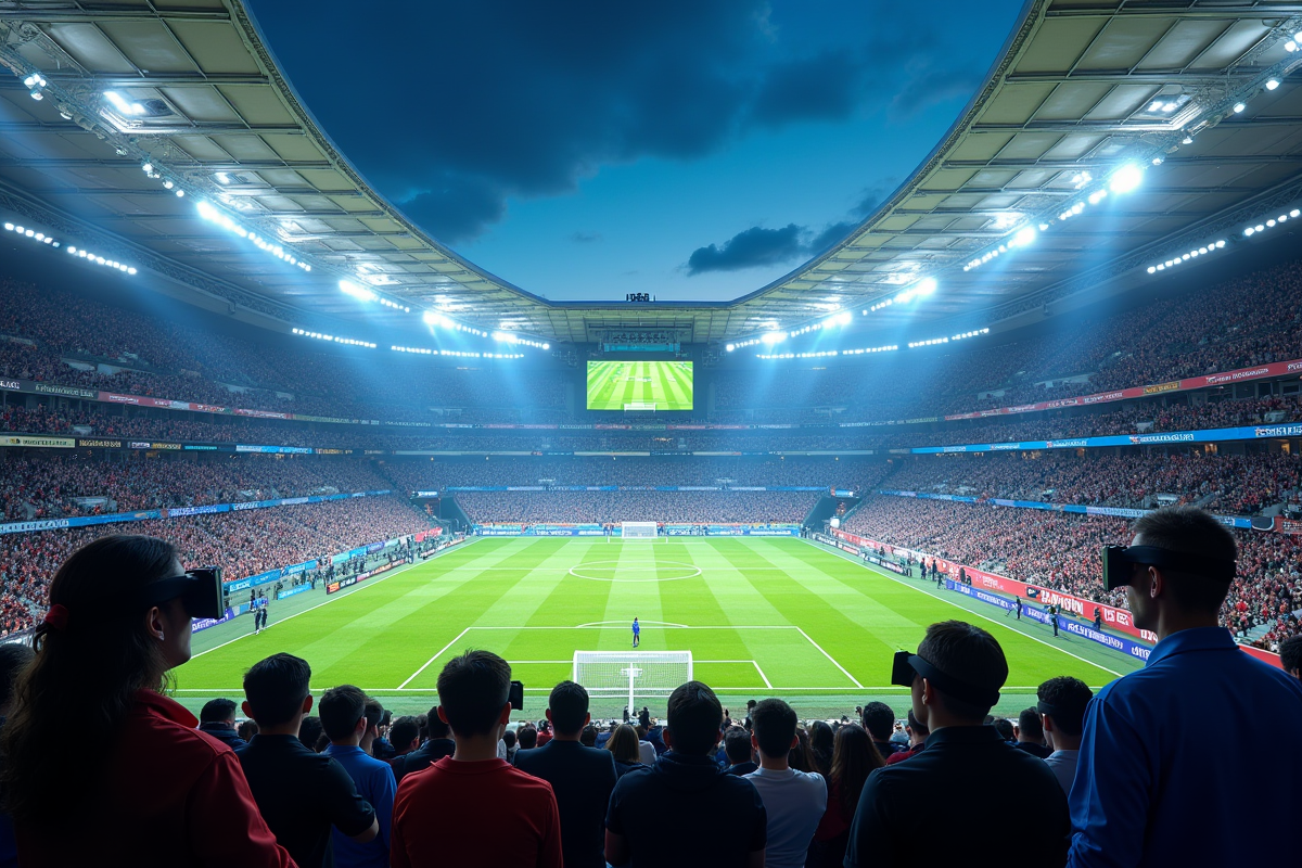 Stade hightech avec écrans interactifs et fans en réalité augmentée