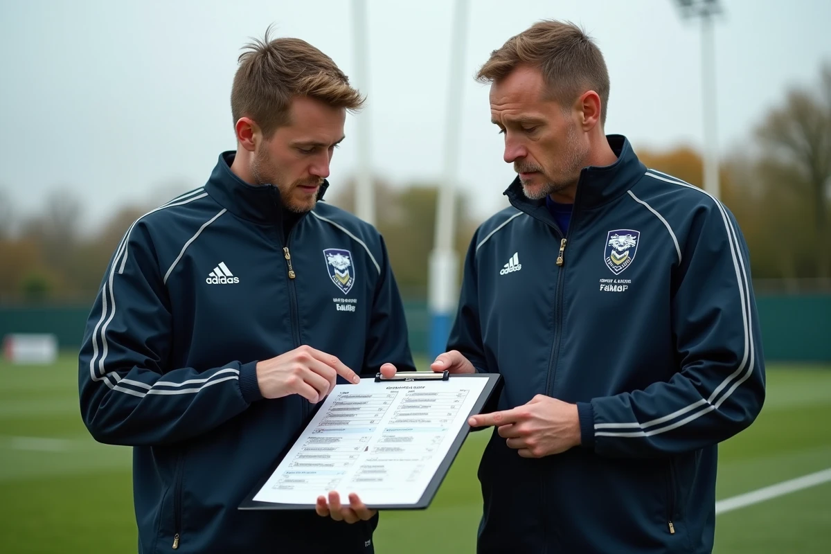 Staff technique d'une équipe nationale de rugby U20 analysant le calendrier de la Coupe du monde junior en bordure de terrain
