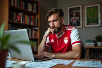 Supporter de l'AS Monaco consultant un forum de football sur son ordinateur portable avec des feuilles tactiques sur son bureau