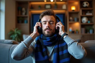 Supporter de l'Inter Milan écoutant un match en direct avec un casque audio dans son salon