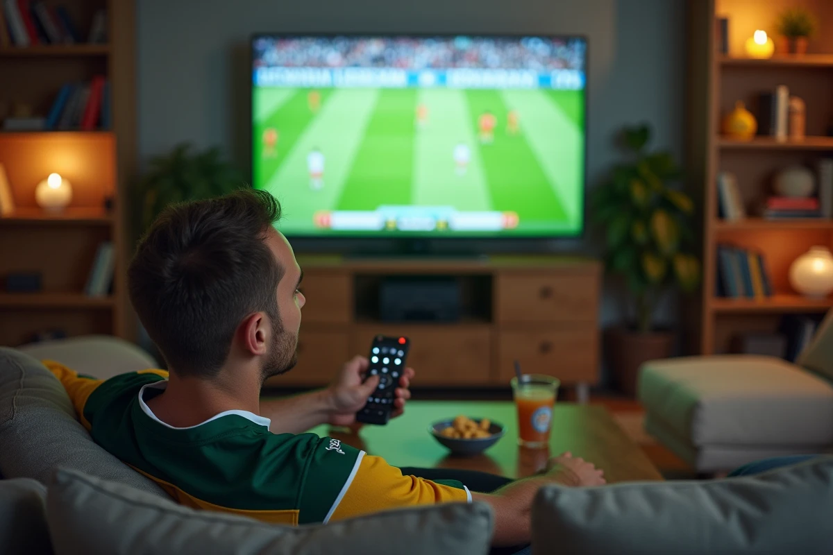 Supporter de rugby regardant un match en direct sur son téléviseur depuis son salon, saison 2026 Rugby Fed 3