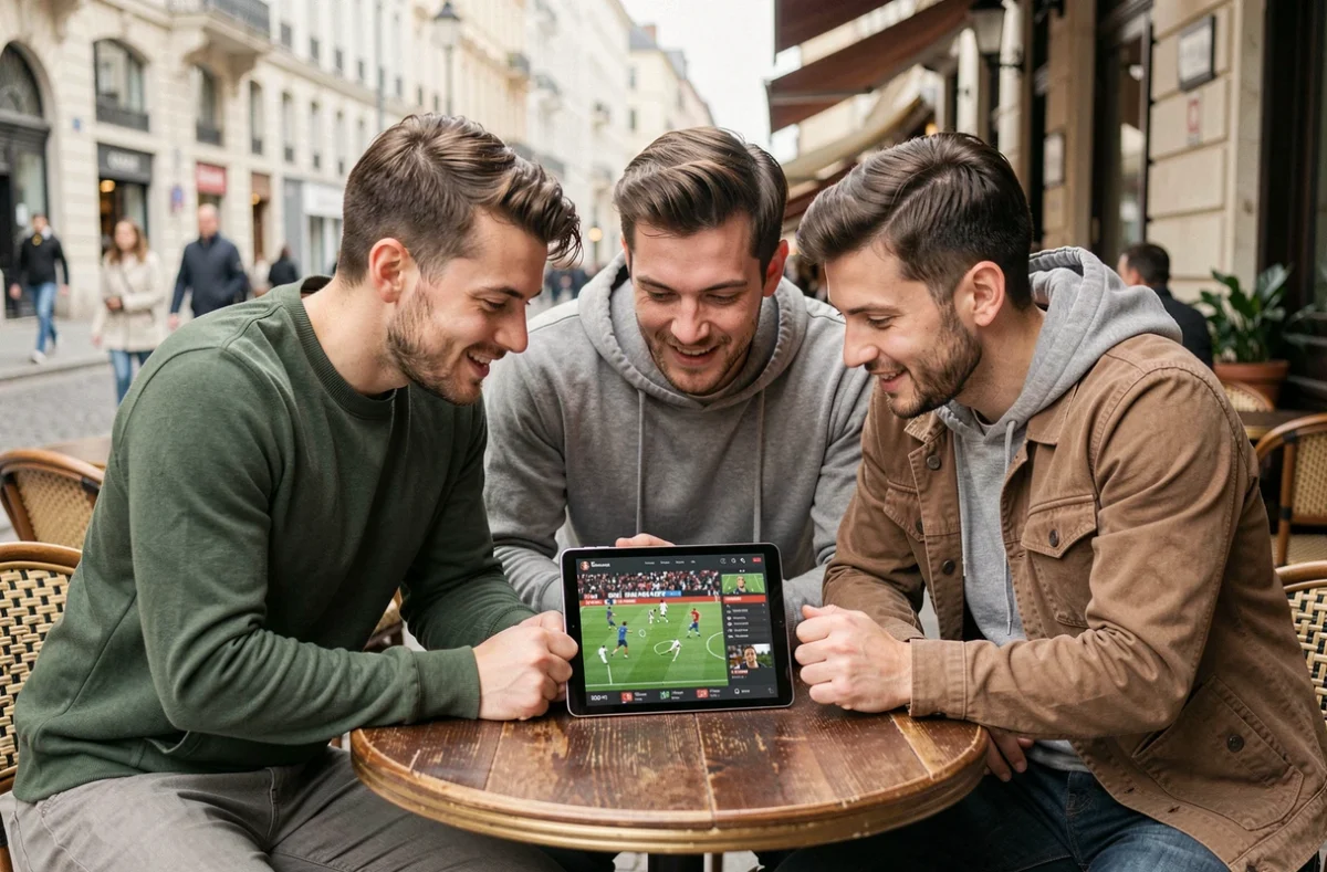 Groupe d'amis supporters de l'AS Roma consultant les actualités du club en temps réel sur une tablette en terrasse