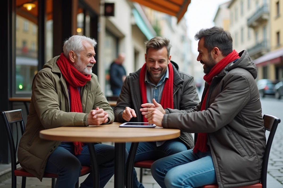 Groupe de supporters de l'ASM discutant du mercato et de la tactique autour d'une tablette dans un café