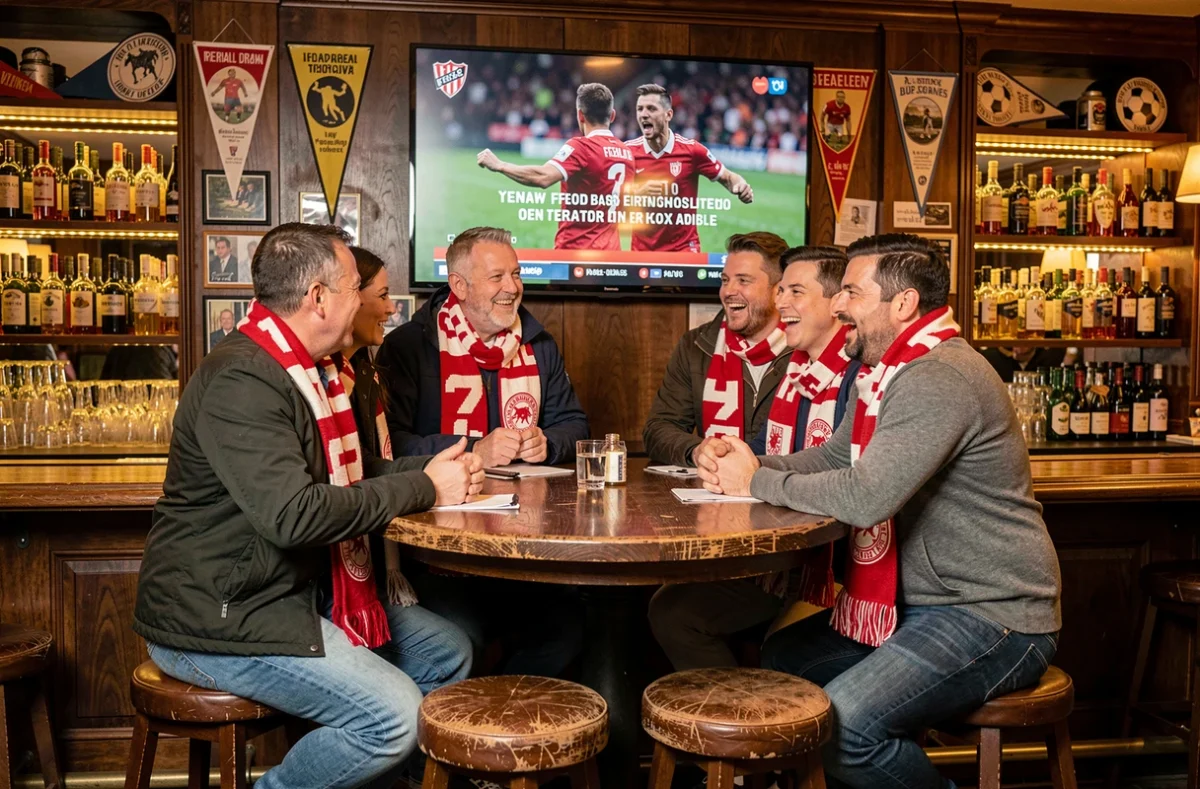 Supporters de football réunis dans un bar regardant le tirage au sort télévisé des demi-finales de la Coupe de France sur grand écran