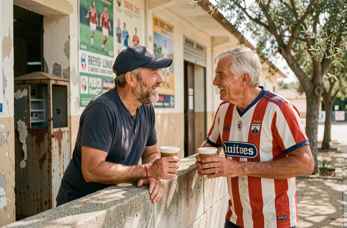 Deux supporters du Sporting Club Aubagne Air Bel discutant devant l'entrée du stade avant le coup d'envoi