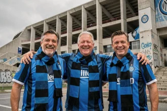 Supporters de l'Inter Milan en écharpes noir et bleu devant le stade San Siro