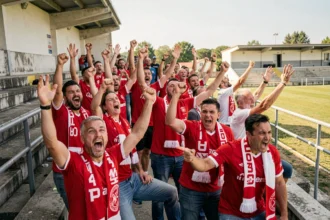 Supporters du Sporting Club Aubagne Air Bel en tribune pendant un match, arborant écharpes et maillots aux couleurs du club