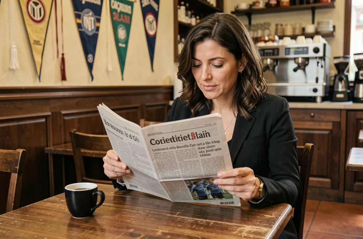 Femme lisant un journal sportif sur l'Inter Milan dans un café milanais traditionnel