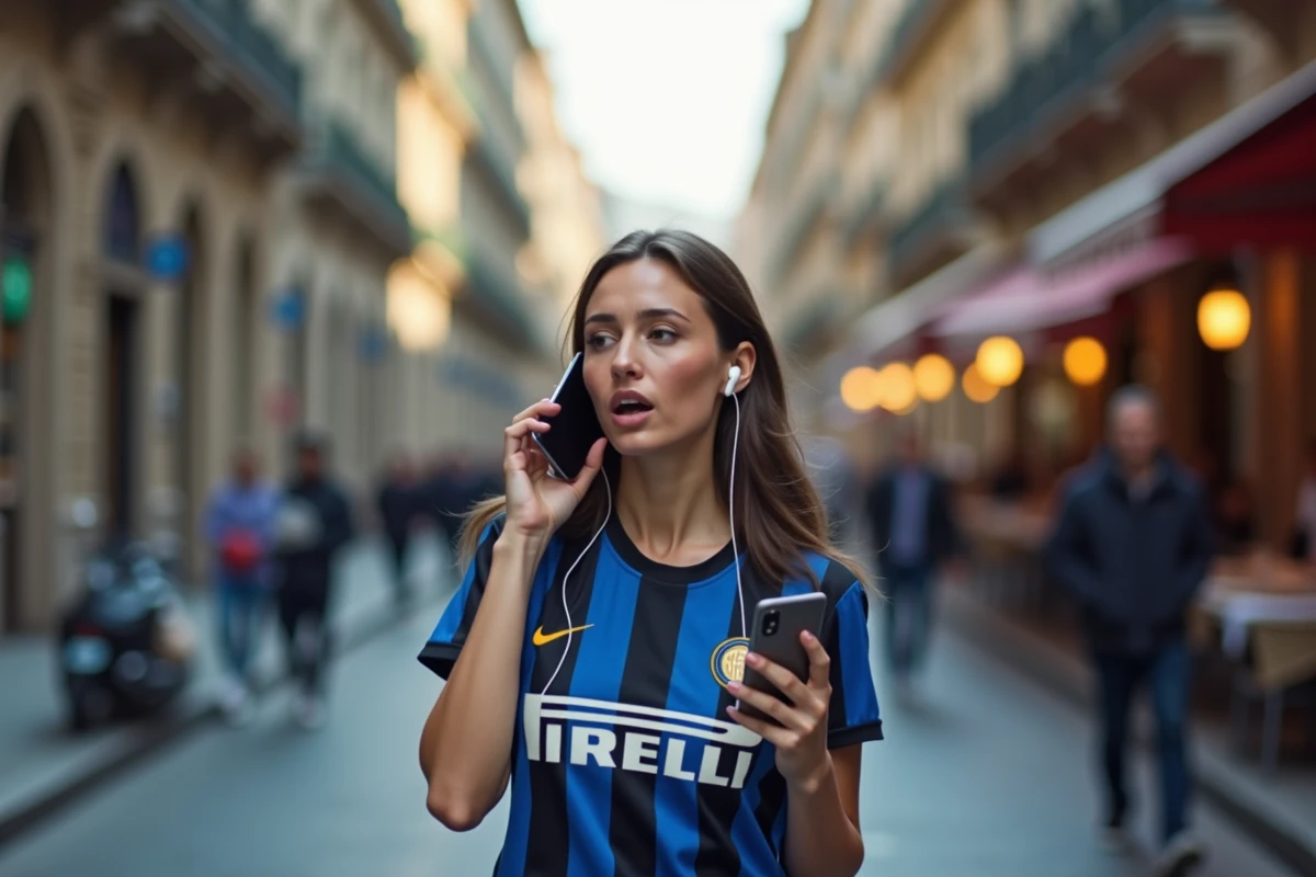 Femme supportrice de l'Inter écoutant un match en live sur smartphone dans la rue