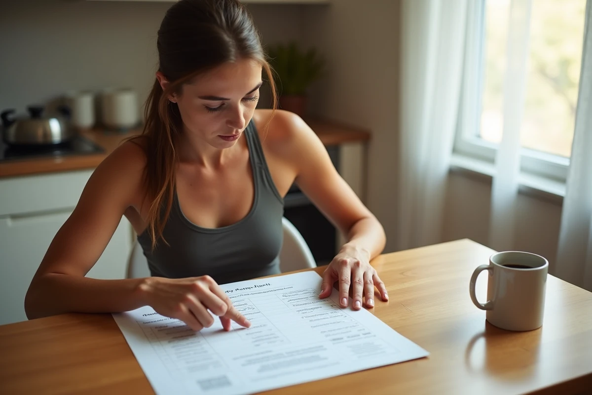 Femme athlète analysant un tableau d'allures semi-marathon imprimé à la maison