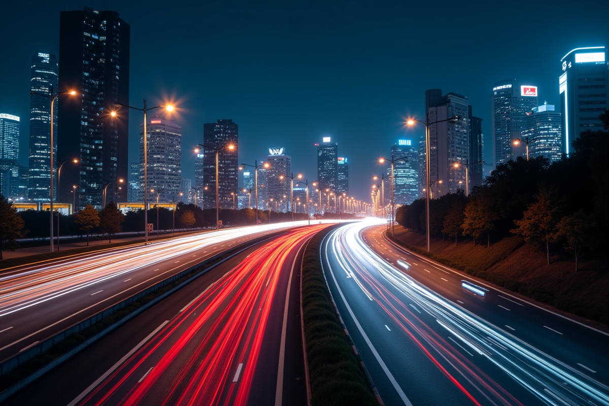 Autoroute urbaine la nuit avec traînées lumineuses rapides