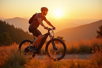 Vélos électrique moderne en montagne au lever du soleil
