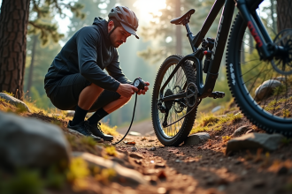 Vélotrotteur vérifiant la pression d'un pneu de montagne