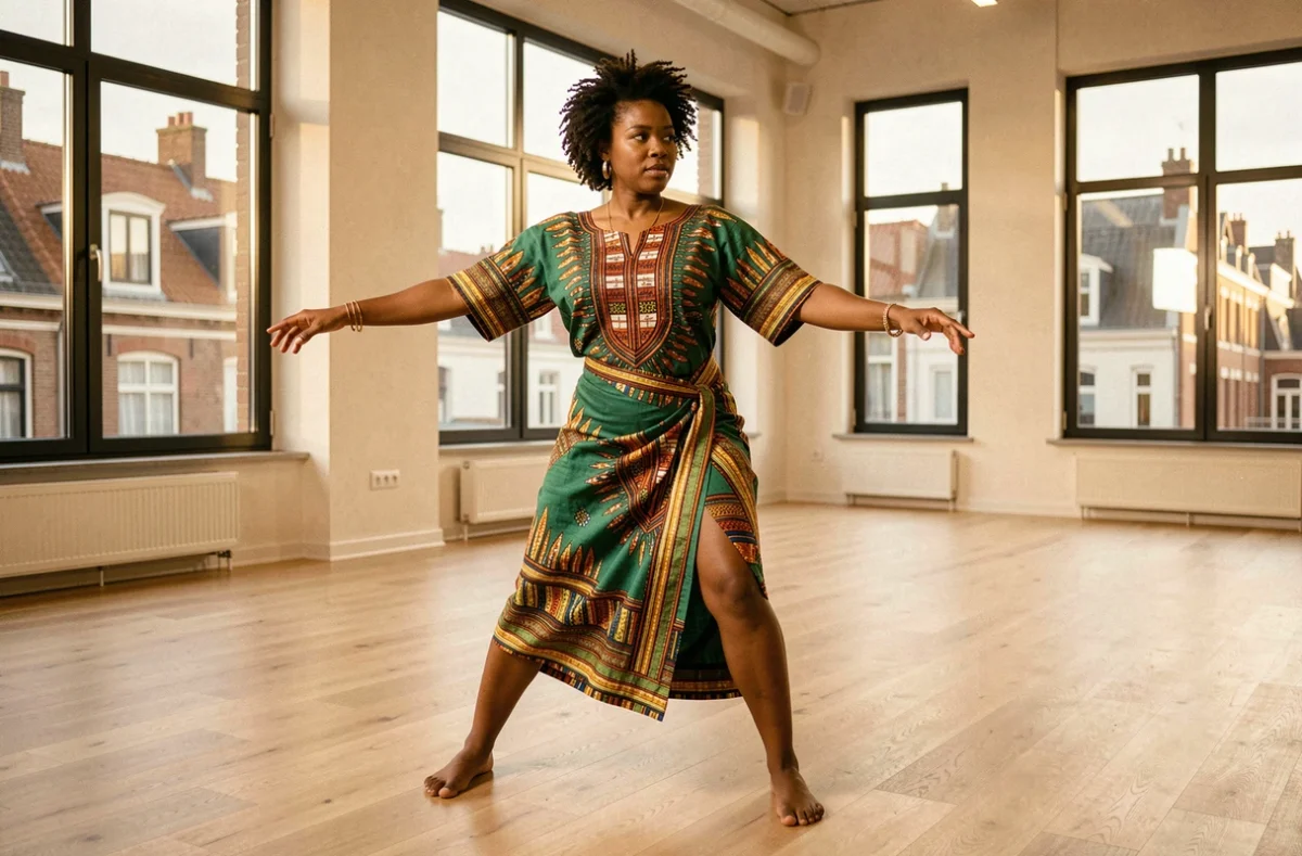 Danseuse en tenue colorée exécutant un mouvement afrobeat dans les locaux de Waka Waka Dance Academy à Lille