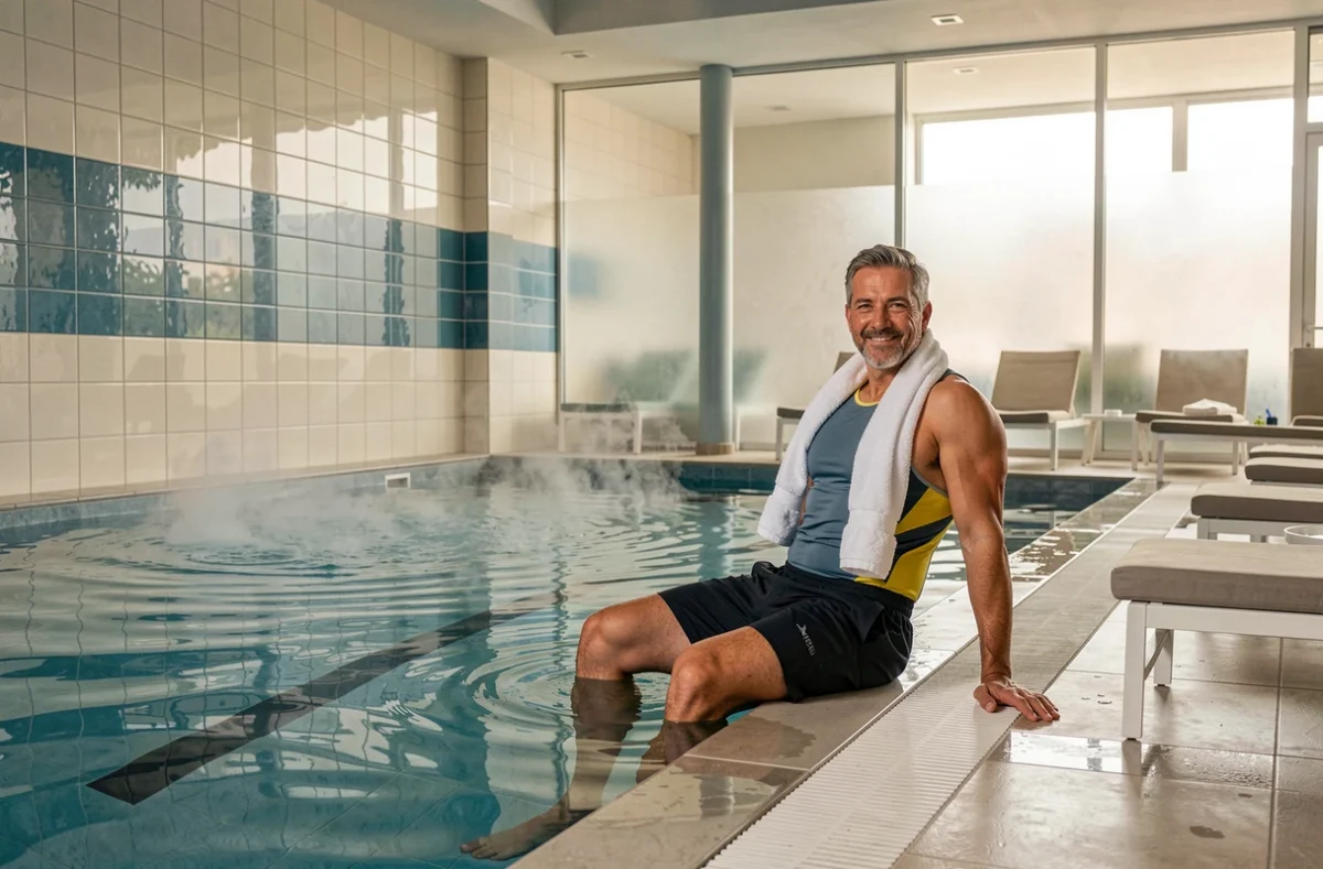 Un homme se reposant au bord de la piscine intérieure du Wellness Sport Club Marseille Prado